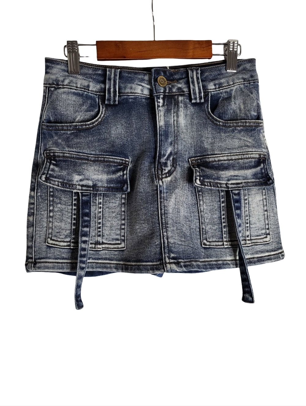 Topshop Washed Blue Denim Cargo Skort with Flap Pockets